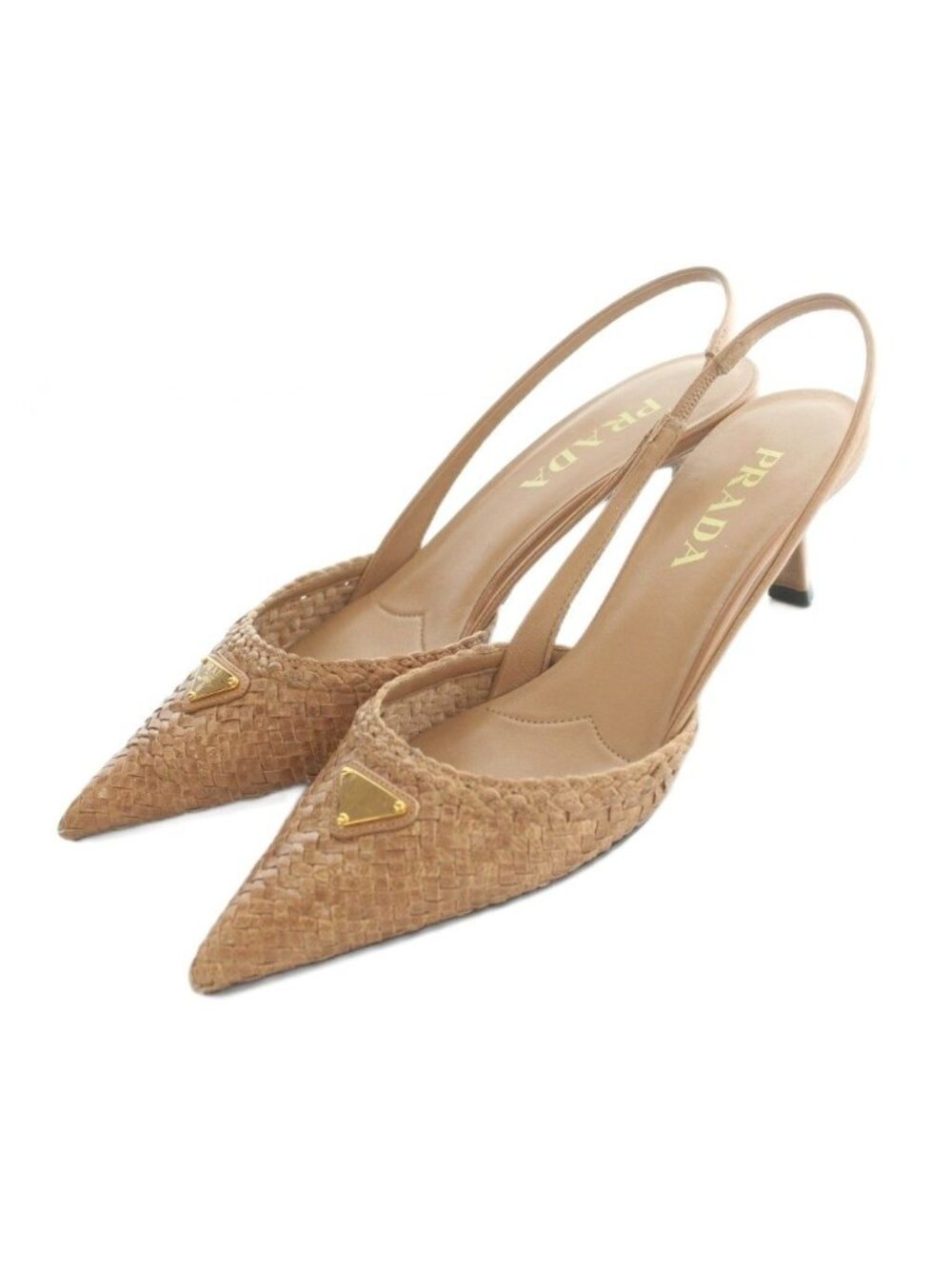 Prada Pumps Pointed Toe Woven Leather Slingback Brown Heel
